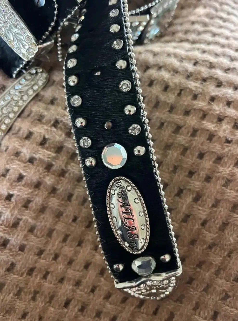 WB Atlas Western Rhinestone Bling Belt Black Leather Crystal Studded Size M